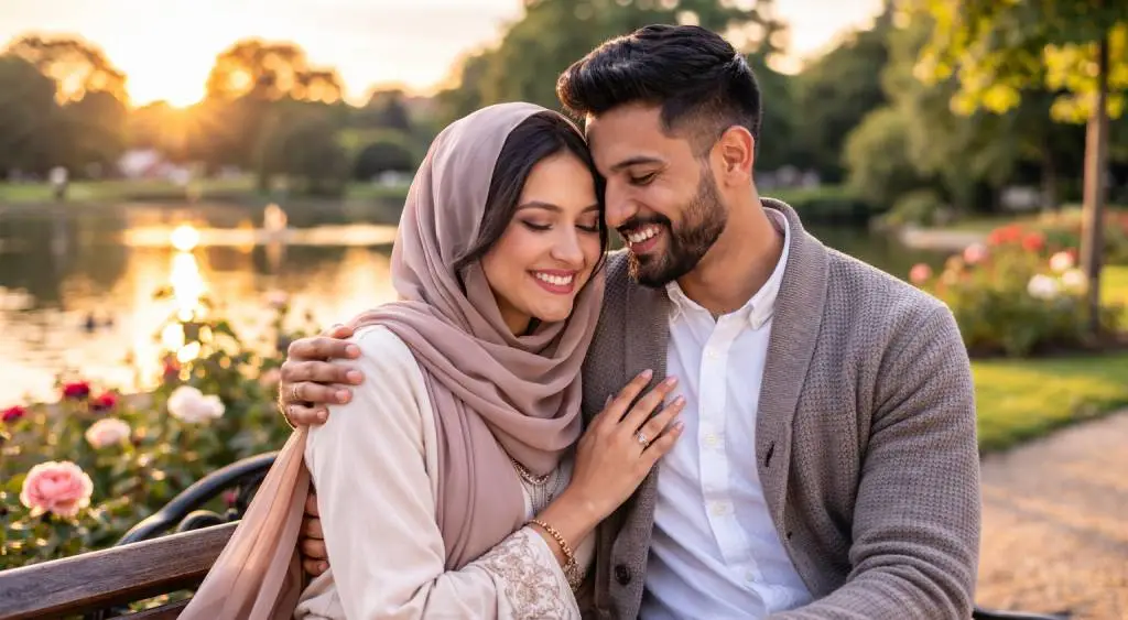 صورة زفاف لزوجين مسلمين سعيدين يبتسمان ويمسكان الأيدي في حديقة خارجية