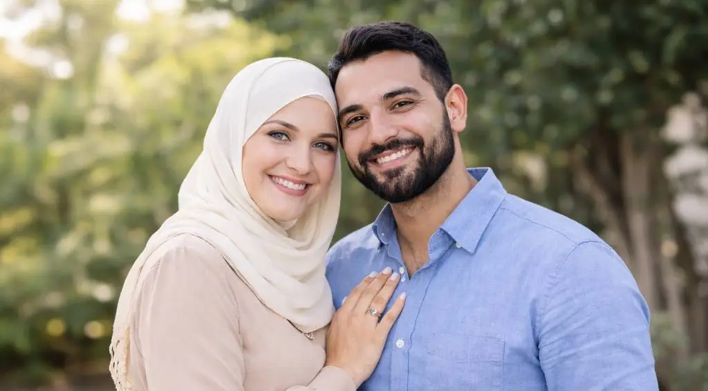 زوجان مسلمان يضحكان معاً في مقهى في لقطة عفوية