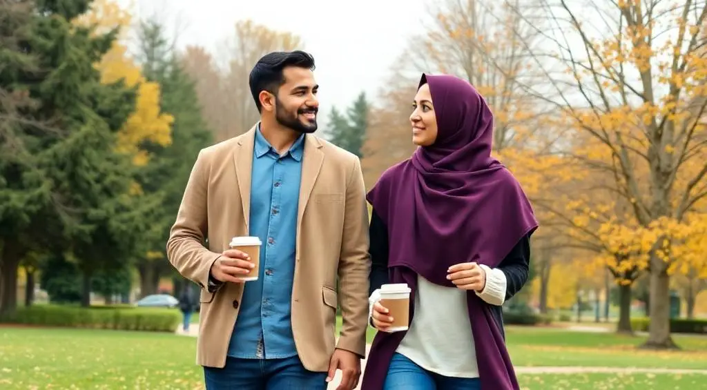 زوجان مسلمان يمشيان معاً في حديقة ويحملان أكواب القهوة